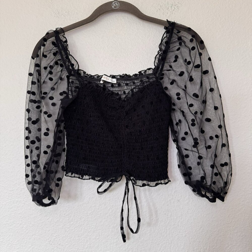 Black Polka Dot Sheer Shoulder Ruffle Cropped Whimsy Goth Long Sleeve Blouse